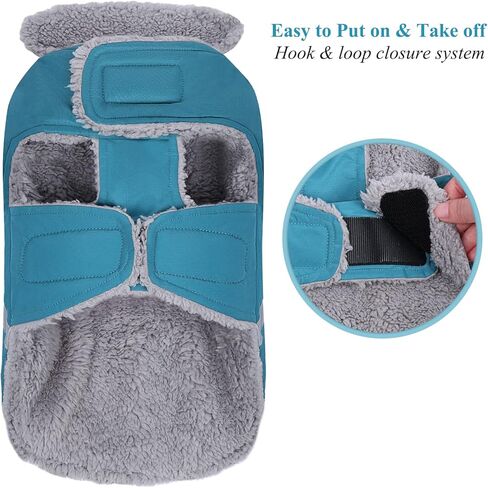 VIVAGLORY معطف الكلب للطقس البارد، عاكس للثلوج ومقاوم للرياح، ملابس شتوية سميكة ودافئة للكلاب مع ياقة فروي، ملابس حيوانات أليفة مريحة وقابلة للتعديل مقاومة للماء للكلاب المتوسطة، فيروزي، مقاس M in Kuwait