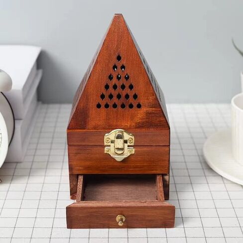 Cone Incense Burner Holder Box Storage - Wooden Pyramid Style - Mabkhara, Wooden Burner, Bakhoor Burner - Wooden Incense Holder (Size: 9 x 9 x 17 cm - Pyramid) حامل بخور خشبي - مبخرة خشب هرمي in Saudi Arabia
