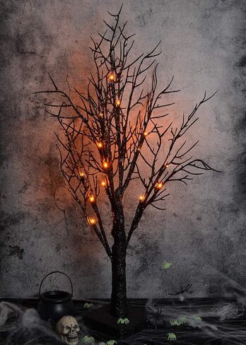 ALLADINBOX Halloween Tree 24 Inch 18 LED Black Spooky Tree Glittered with Orange Lights and Spider Web and Spiders with Battery Powered Tabletop Tree Indoor Outdoor Halloween Decoration Decor in Kuwait