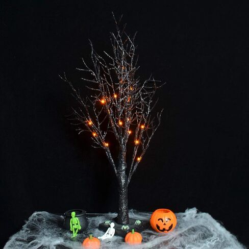 ALLADINBOX Halloween Tree 24 Inch 18 LED Black Spooky Tree Glittered with Orange Lights and Spider Web and Spiders with Battery Powered Tabletop Tree Indoor Outdoor Halloween Decoration Decor in Kuwait