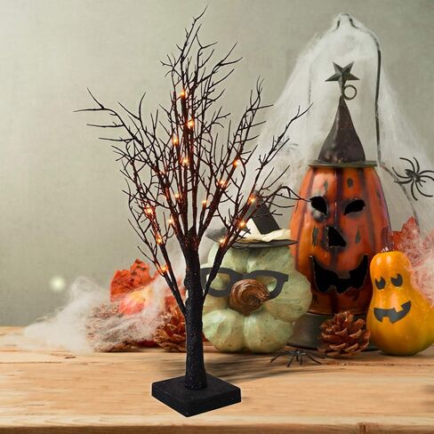 ALLADINBOX Halloween Tree 24 Inch 18 LED Black Spooky Tree Glittered with Orange Lights and Spider Web and Spiders with Battery Powered Tabletop Tree Indoor Outdoor Halloween Decoration Decor in Kuwait