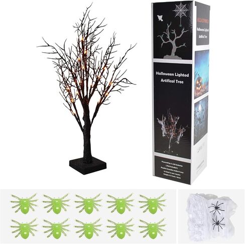 ALLADINBOX Halloween Tree 24 Inch 18 LED Black Spooky Tree Glittered with Orange Lights and Spider Web and Spiders with Battery Powered Tabletop Tree Indoor Outdoor Halloween Decoration Decor in Kuwait