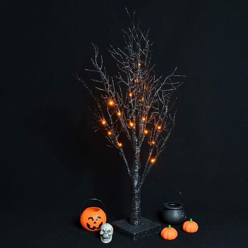 ALLADINBOX Halloween Tree 24 Inch 18 LED Black Spooky Tree Glittered with Orange Lights and Spider Web and Spiders with Battery Powered Tabletop Tree Indoor Outdoor Halloween Decoration Decor in Kuwait