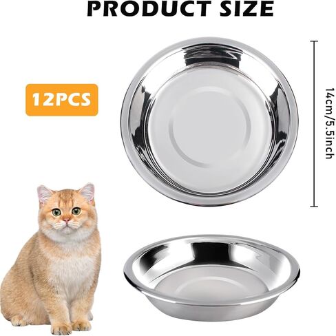 Stainless Steel Cat Bowls, 12PCS Shallow Cat Bowl Metal Cat Dishes for Food and Water, 5.5 Inches Diameter Cat Food Dish, Shallow Raised Shallow Cat Food Dish for Small Dogs and Cats, Dishwasher Safe in Kuwait