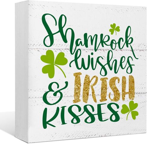 EIONEY St.Patrick's Day Decorations Wooden Box Sign,Irish Kisses Shamrock Wishes Sign,Shamrock Desk Decor for Living Room Bedroom Shelf Tabletop Decor,5x5 Inch in Saudi Arabia