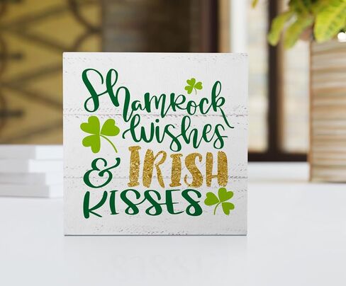 EIONEY St.Patrick's Day Decorations Wooden Box Sign,Irish Kisses Shamrock Wishes Sign,Shamrock Desk Decor for Living Room Bedroom Shelf Tabletop Decor,5x5 Inch in Saudi Arabia