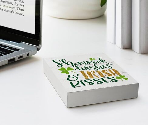 EIONEY St.Patrick's Day Decorations Wooden Box Sign,Irish Kisses Shamrock Wishes Sign,Shamrock Desk Decor for Living Room Bedroom Shelf Tabletop Decor,5x5 Inch in Saudi Arabia