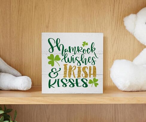 EIONEY St.Patrick's Day Decorations Wooden Box Sign,Irish Kisses Shamrock Wishes Sign,Shamrock Desk Decor for Living Room Bedroom Shelf Tabletop Decor,5x5 Inch in Saudi Arabia
