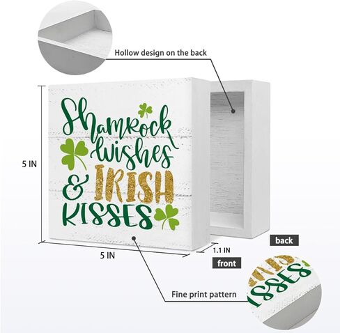 EIONEY St.Patrick's Day Decorations Wooden Box Sign,Irish Kisses Shamrock Wishes Sign,Shamrock Desk Decor for Living Room Bedroom Shelf Tabletop Decor,5x5 Inch in Saudi Arabia