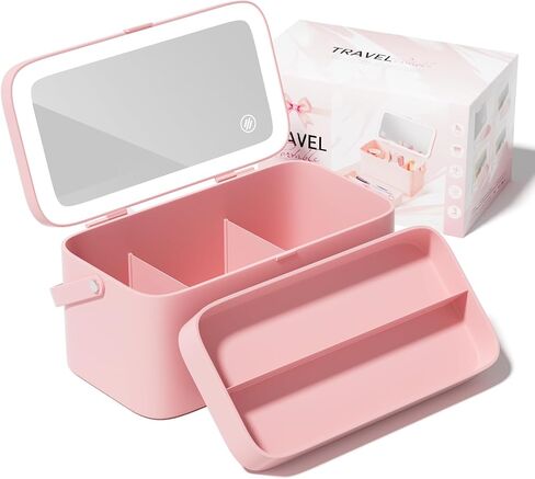 Bdjso Makeup Box with Mirror - Makeup Organizer with Mirror and Light,Portable Makeup Case Cosmetic Box Rechargeable with 3 Color Mode and DIY Partitions for Women Girls Gifts(Pink B) in Saudi Arabia