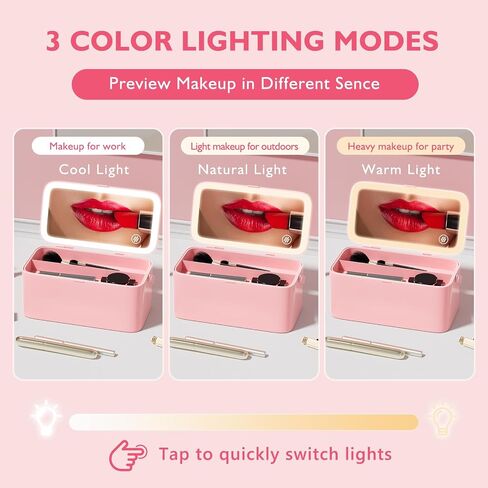 Bdjso Makeup Box with Mirror - Makeup Organizer with Mirror and Light,Portable Makeup Case Cosmetic Box Rechargeable with 3 Color Mode and DIY Partitions for Women Girls Gifts(Pink B) in Saudi Arabia