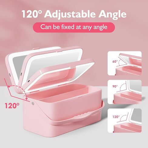 Bdjso Makeup Box with Mirror - Makeup Organizer with Mirror and Light,Portable Makeup Case Cosmetic Box Rechargeable with 3 Color Mode and DIY Partitions for Women Girls Gifts(Pink B) in Saudi Arabia