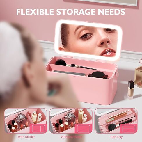 Bdjso Makeup Box with Mirror - Makeup Organizer with Mirror and Light,Portable Makeup Case Cosmetic Box Rechargeable with 3 Color Mode and DIY Partitions for Women Girls Gifts(Pink B) in Saudi Arabia