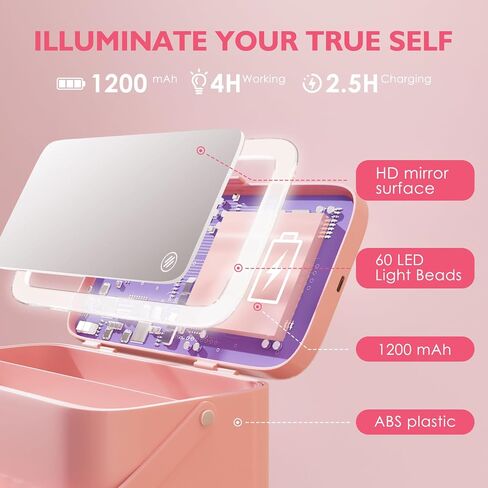 Bdjso Makeup Box with Mirror - Makeup Organizer with Mirror and Light,Portable Makeup Case Cosmetic Box Rechargeable with 3 Color Mode and DIY Partitions for Women Girls Gifts(Pink B) in Saudi Arabia