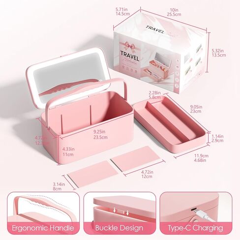 Bdjso Makeup Box with Mirror - Makeup Organizer with Mirror and Light,Portable Makeup Case Cosmetic Box Rechargeable with 3 Color Mode and DIY Partitions for Women Girls Gifts(Pink B) in Saudi Arabia