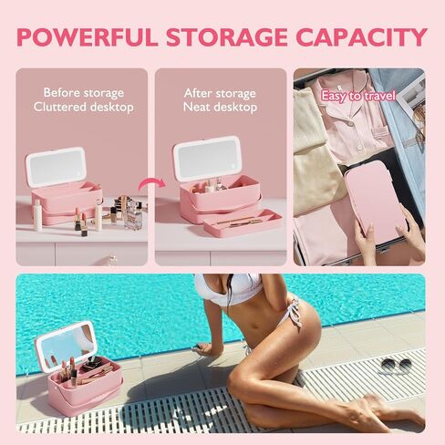 Bdjso Makeup Box with Mirror - Makeup Organizer with Mirror and Light,Portable Makeup Case Cosmetic Box Rechargeable with 3 Color Mode and DIY Partitions for Women Girls Gifts(Pink B) in Saudi Arabia
