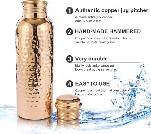 Copper Cure Pure Copper Water Bottle with an Exclusive Bottle Jute Bag- Solid Copper Handcrafted Hammered Bottle, Capacity 34 Oz/1000 ml Copper Bottle for Home, Office, Hotel and Gifting in Saudi Arabia