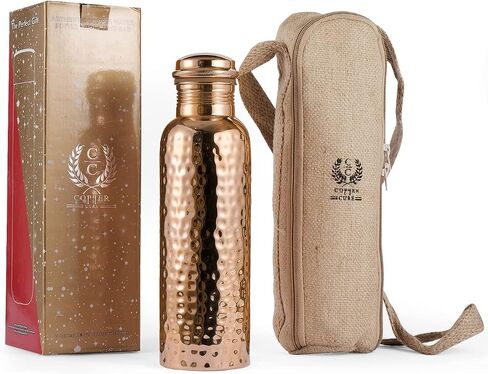 Copper Cure Pure Copper Water Bottle with an Exclusive Bottle Jute Bag- Solid Copper Handcrafted Hammered Bottle, Capacity 34 Oz/1000 ml Copper Bottle for Home, Office, Hotel and Gifting in Saudi Arabia
