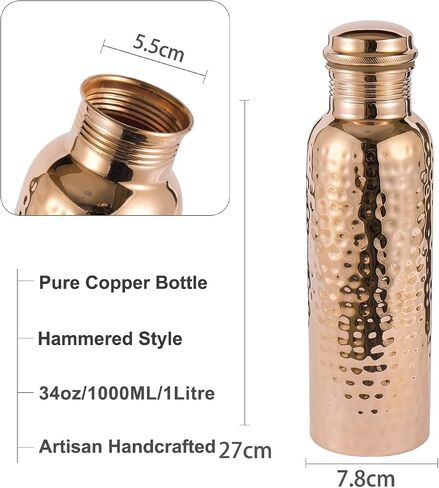 Copper Cure Pure Copper Water Bottle with an Exclusive Bottle Jute Bag- Solid Copper Handcrafted Hammered Bottle, Capacity 34 Oz/1000 ml Copper Bottle for Home, Office, Hotel and Gifting in Saudi Arabia