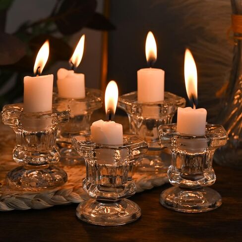 Glass Candlestick Holders, Set of 6 Amber Candle Holders for Taper Candles Small Table Centerpiece Decor for Wedding Birthday Party Thanksgiving Christmas Candlelight Dinner Decoration in Kuwait
