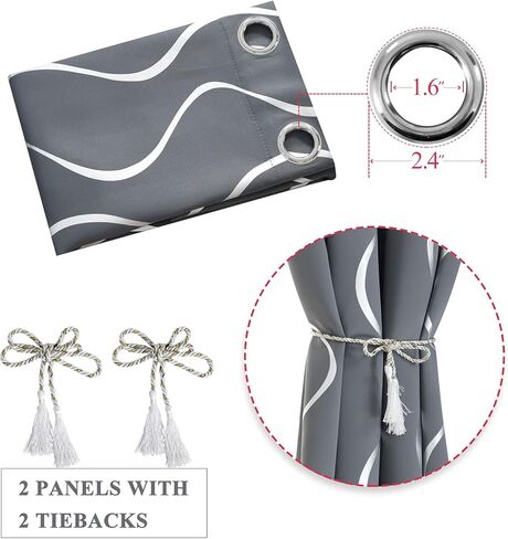 Estelar Textiler Silver Wave Line طباعة ستائر نافذة التعتيم بطول 63 بوصة ستائر تعتيم الغرفة لغرفة النوم 38 عرض × 63 طول، مجموعة من 2، رمادي in Kuwait