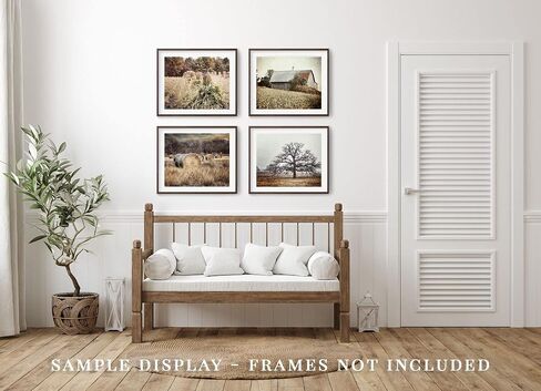 LISA RUSSO FINE ART - مجموعة ديكور حائط مزرعة ريفية مكونة من 4 مطبوعات مقاس 5x7 بوصة - غير مؤطرة - صور ريفية باللون البيج المحايد والذهبي - الحظيرة، هايفيلد، شجرة - غرفة المعيشة، المطبخ، فن غرفة النوم in Kuwait