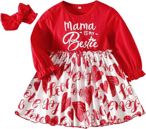 Camidy Baby Girl Dress Infant Girls Long Sleeve Casual Dress Toddler Heart Print A-Line Dress with Bowknot Headband Red in Kuwait