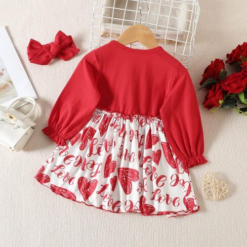 Camidy Baby Girl Dress Infant Girls Long Sleeve Casual Dress Toddler Heart Print A-Line Dress with Bowknot Headband Red in Kuwait