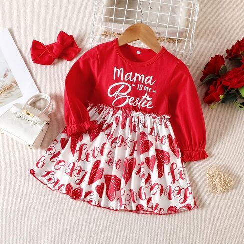 Camidy Baby Girl Dress Infant Girls Long Sleeve Casual Dress Toddler Heart Print A-Line Dress with Bowknot Headband Red in Kuwait