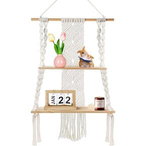 Augot Macrame Hanging Shelf, 2 Tier Boho Hanging Shelves Wall Decor for Living Room Bedroom, Handmade Wood Floating Shelf with Woven Rope, Bohemian Storage Organizer Rack for Photo Books Plant Display in Kuwait