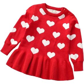WALLARENEAR Toddler Baby Girl Valentine Dress Kids Heart Long Sleeve Knit Sweater Dress Pleated Dress Fall Winter Outfits