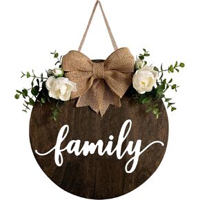 MayAvenue Family Wreaths Decor Sign Front Door, Round Wood Hanging Sign with Ribbon Bow and Artificial Green Leaves, Farmhouse Porch Decorations for Home Thanksgiving, Brown in Kuwait
