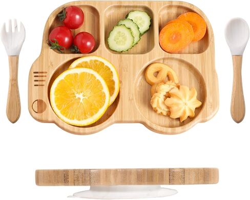 Suction Plates for Baby & Toddler, Bamboo Divided Platter Feeding Dishes with Silicone Fork& Spoon, All-Natural Baby Food Plate Stays for Baby-Led Weaning, Non-Slip Design in Saudi Arabia