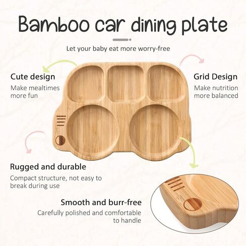 Suction Plates for Baby & Toddler, Bamboo Divided Platter Feeding Dishes with Silicone Fork& Spoon, All-Natural Baby Food Plate Stays for Baby-Led Weaning, Non-Slip Design in Saudi Arabia