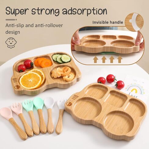 Suction Plates for Baby & Toddler, Bamboo Divided Platter Feeding Dishes with Silicone Fork& Spoon, All-Natural Baby Food Plate Stays for Baby-Led Weaning, Non-Slip Design in Saudi Arabia