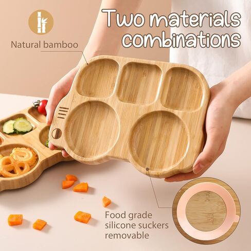 Suction Plates for Baby & Toddler, Bamboo Divided Platter Feeding Dishes with Silicone Fork& Spoon, All-Natural Baby Food Plate Stays for Baby-Led Weaning, Non-Slip Design in Saudi Arabia