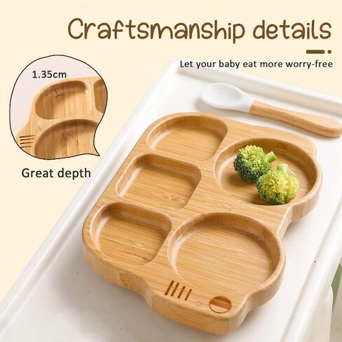 Suction Plates for Baby & Toddler, Bamboo Divided Platter Feeding Dishes with Silicone Fork& Spoon, All-Natural Baby Food Plate Stays for Baby-Led Weaning, Non-Slip Design in Saudi Arabia