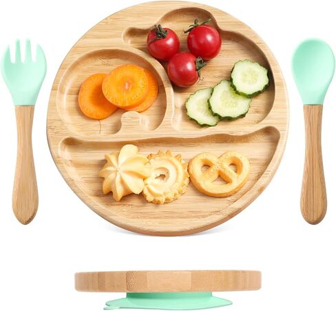 Suction Plates for Baby & Toddler, Bamboo Divided Platter Feeding Dishes with Silicone Fork& Spoon, All-Natural Baby Food Plate Stays for Baby-Led Weaning, Non-Slip Design in Saudi Arabia