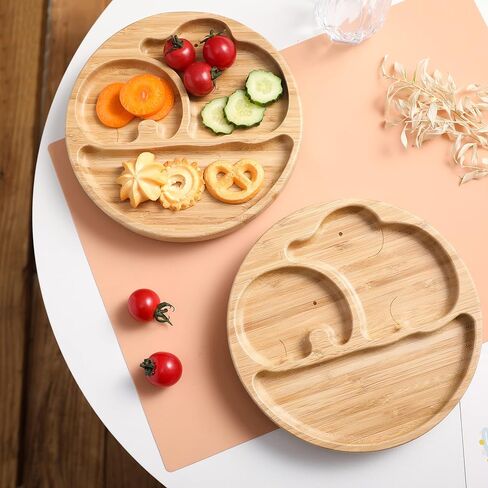 Suction Plates for Baby & Toddler, Bamboo Divided Platter Feeding Dishes with Silicone Fork& Spoon, All-Natural Baby Food Plate Stays for Baby-Led Weaning, Non-Slip Design in Saudi Arabia