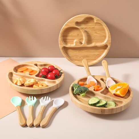 Suction Plates for Baby & Toddler, Bamboo Divided Platter Feeding Dishes with Silicone Fork& Spoon, All-Natural Baby Food Plate Stays for Baby-Led Weaning, Non-Slip Design in Saudi Arabia