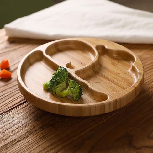 Suction Plates for Baby & Toddler, Bamboo Divided Platter Feeding Dishes with Silicone Fork& Spoon, All-Natural Baby Food Plate Stays for Baby-Led Weaning, Non-Slip Design in Saudi Arabia