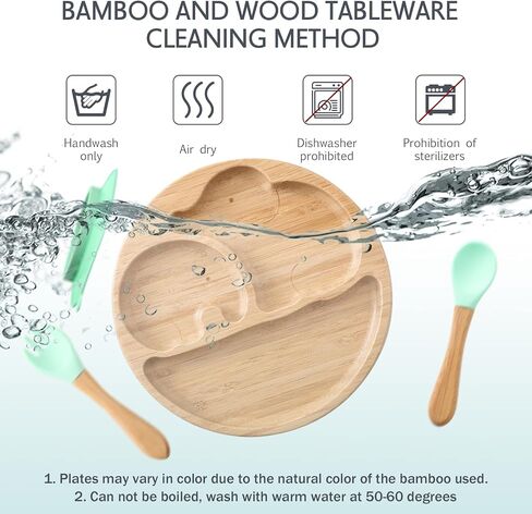Suction Plates for Baby & Toddler, Bamboo Divided Platter Feeding Dishes with Silicone Fork& Spoon, All-Natural Baby Food Plate Stays for Baby-Led Weaning, Non-Slip Design in Saudi Arabia