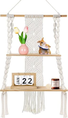 Augot Macrame Hanging Shelf, 2 Tier Boho Hanging Shelves Wall Decor for Living Room Bedroom, Handmade Wood Floating Shelf with Woven Rope, Bohemian Storage Organizer Rack for Photo Books Plant Display in Kuwait