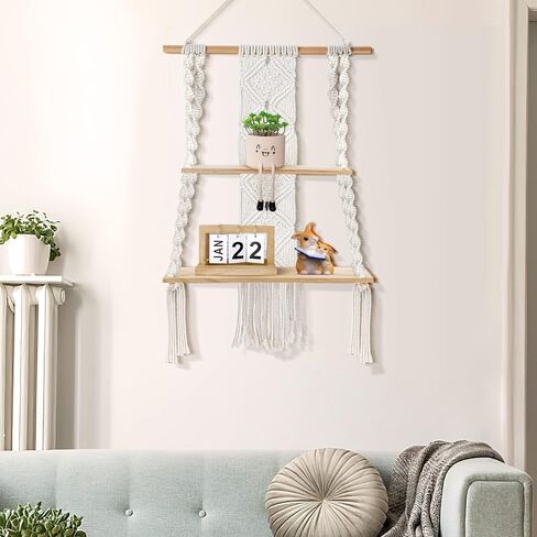 Augot Macrame Hanging Shelf, 2 Tier Boho Hanging Shelves Wall Decor for Living Room Bedroom, Handmade Wood Floating Shelf with Woven Rope, Bohemian Storage Organizer Rack for Photo Books Plant Display in Kuwait
