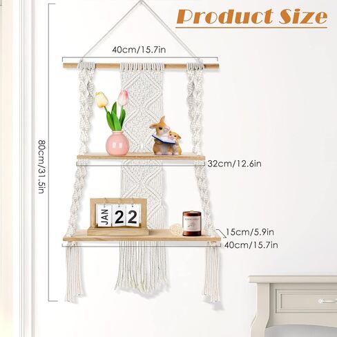 Augot Macrame Hanging Shelf, 2 Tier Boho Hanging Shelves Wall Decor for Living Room Bedroom, Handmade Wood Floating Shelf with Woven Rope, Bohemian Storage Organizer Rack for Photo Books Plant Display in Kuwait