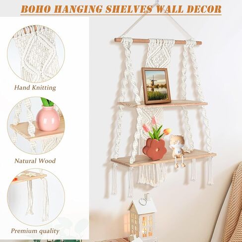 Augot Macrame Hanging Shelf, 2 Tier Boho Hanging Shelves Wall Decor for Living Room Bedroom, Handmade Wood Floating Shelf with Woven Rope, Bohemian Storage Organizer Rack for Photo Books Plant Display in Kuwait