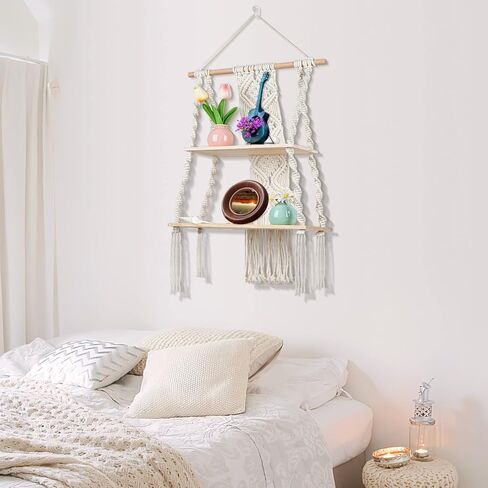 Augot Macrame Hanging Shelf, 2 Tier Boho Hanging Shelves Wall Decor for Living Room Bedroom, Handmade Wood Floating Shelf with Woven Rope, Bohemian Storage Organizer Rack for Photo Books Plant Display in Kuwait