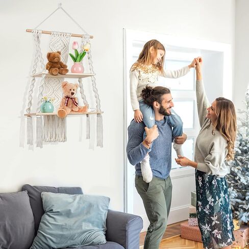 Augot Macrame Hanging Shelf, 2 Tier Boho Hanging Shelves Wall Decor for Living Room Bedroom, Handmade Wood Floating Shelf with Woven Rope, Bohemian Storage Organizer Rack for Photo Books Plant Display in Kuwait