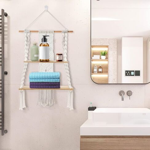 Augot Macrame Hanging Shelf, 2 Tier Boho Hanging Shelves Wall Decor for Living Room Bedroom, Handmade Wood Floating Shelf with Woven Rope, Bohemian Storage Organizer Rack for Photo Books Plant Display in Kuwait