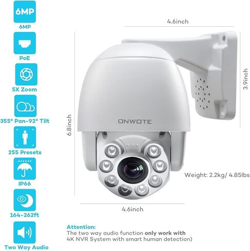 كاميرا ONWOTE 6MP 3072x2048 HD PTZ PoE IP الأمنية، تحدث في اتجاهين، اكتشاف المركبات البشرية بالذكاء الاصطناعي، 355 درجة عموم 92 درجة إمالة 5X تكبير بصري، عدسة بمحرك 2.7-13.5 مم، 164f-262ft IR in Kuwait